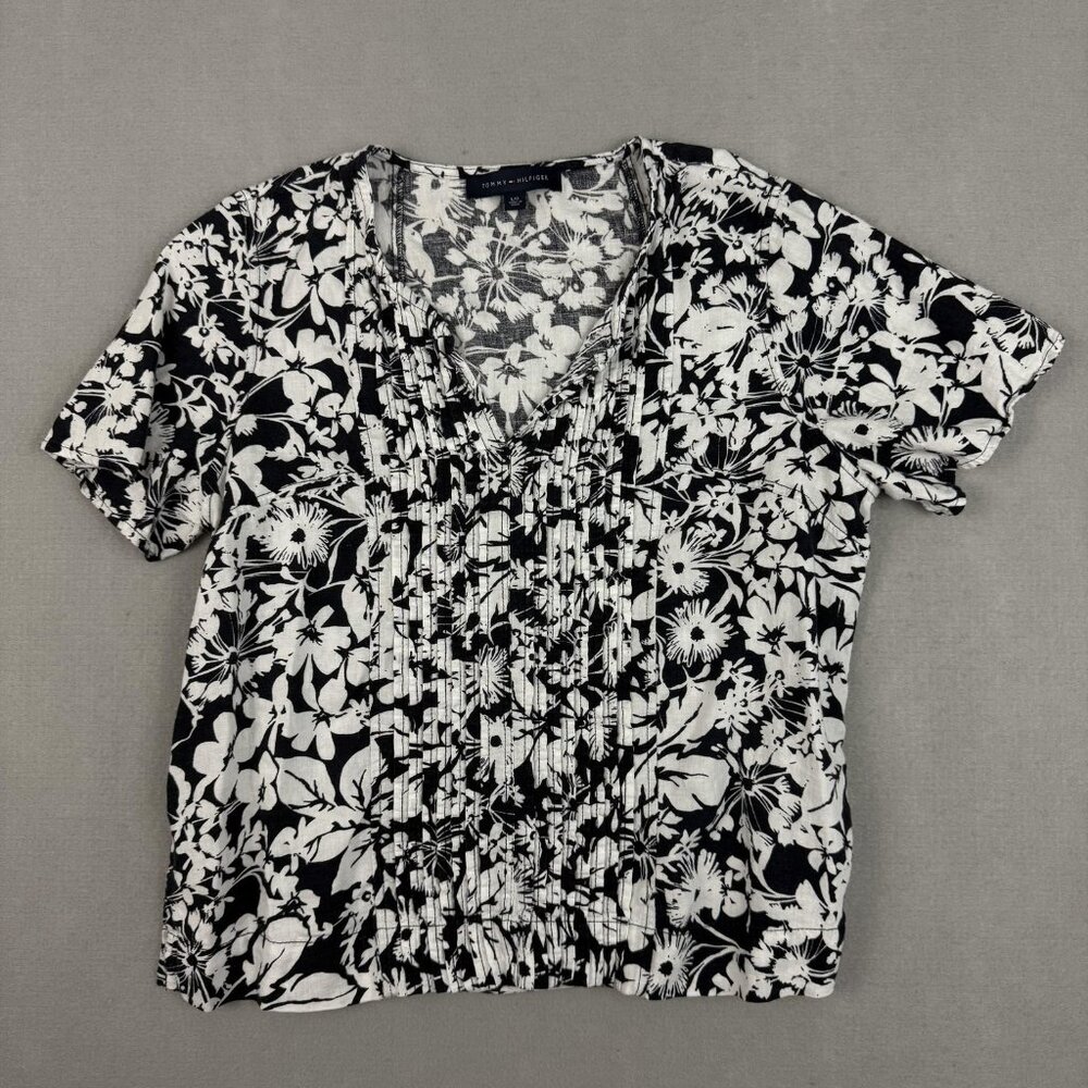 Tommy Hilfiger Shirt Womens Large‎ Black White Floral Linen Blend Short Sleeve